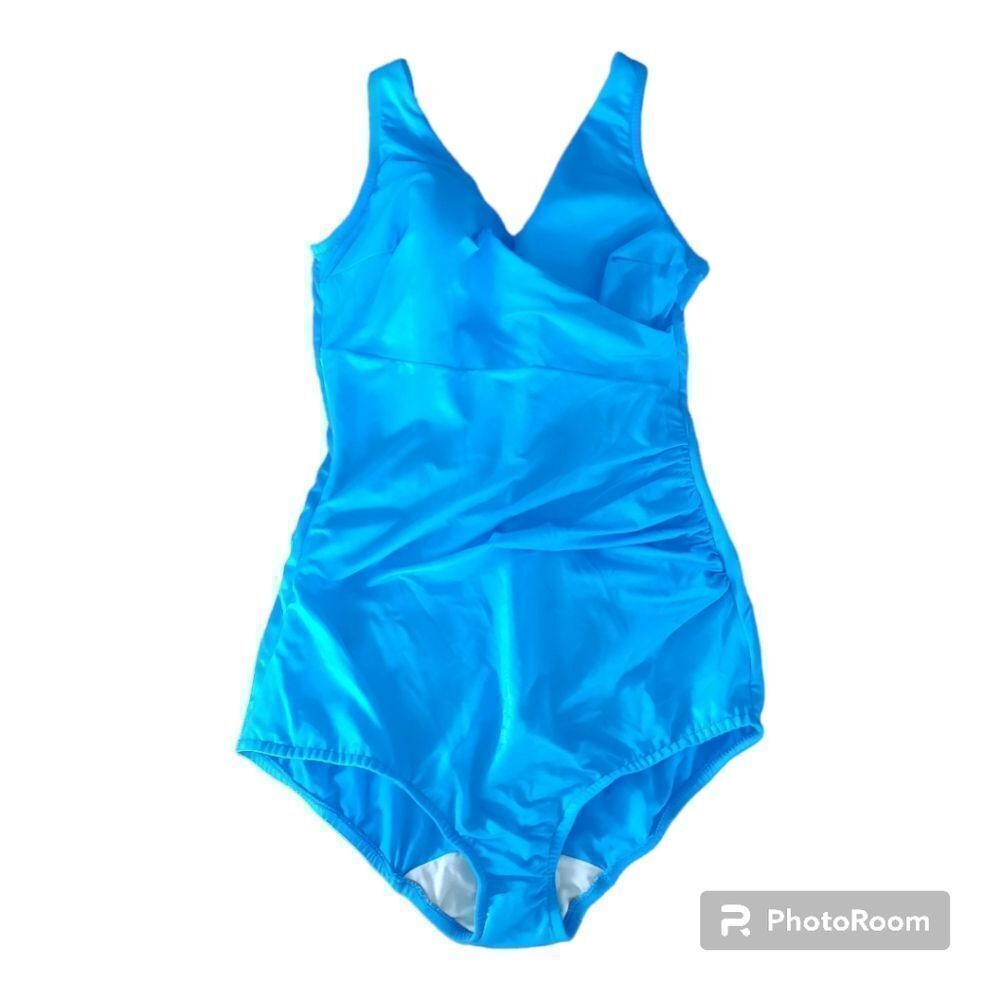 Vintage SeaScamp Faux Wrap Mom Swimsuit 90s Ruched Button Straps